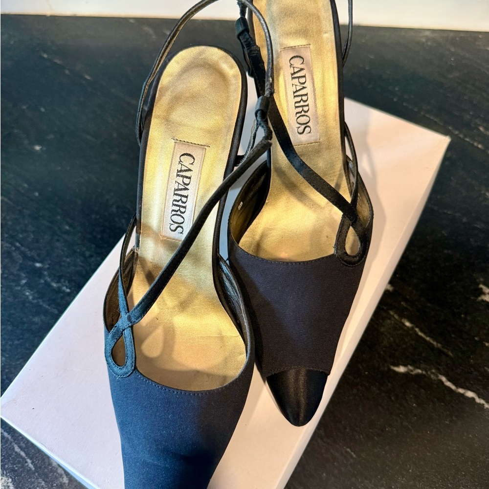 Caparros Black Satin Heels with Criss-Cross Straps